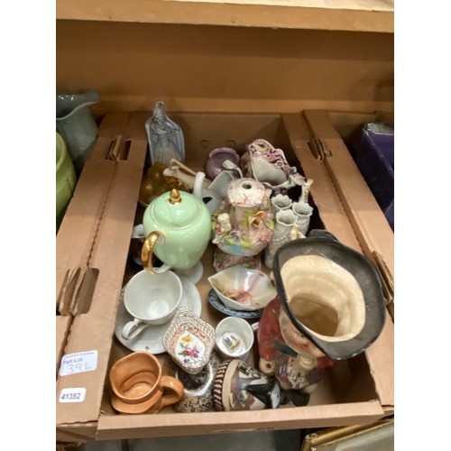 396 - 6 boxes of ceramics/ collectables inc. Mary Gregory glass vase, Minton, Antique gilt casket, Wedgwoo... 