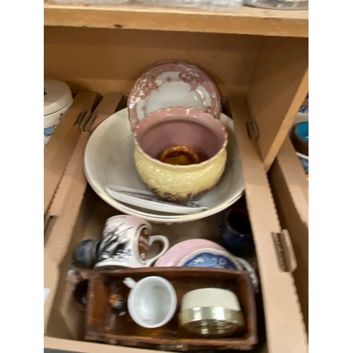 396 - 6 boxes of ceramics/ collectables inc. Mary Gregory glass vase, Minton, Antique gilt casket, Wedgwoo... 