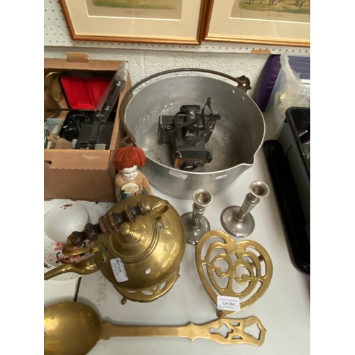 354 - Boxes of collectables including brass kettle & trivet, steel jam pan, copper jug, Royal Crown Derby ... 