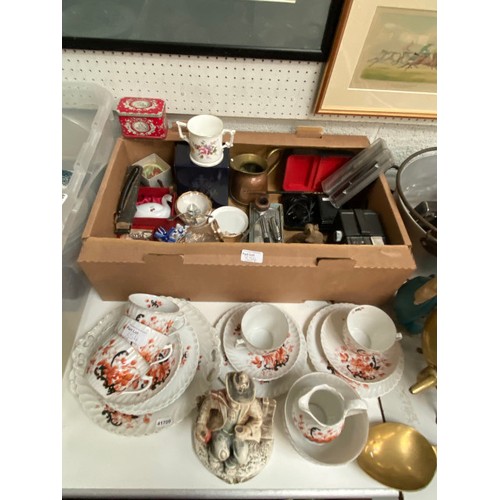 354 - Boxes of collectables including brass kettle & trivet, steel jam pan, copper jug, Royal Crown Derby ... 