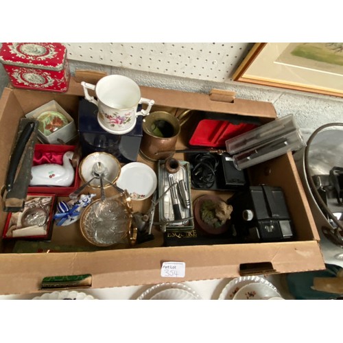 354 - Boxes of collectables including brass kettle & trivet, steel jam pan, copper jug, Royal Crown Derby ... 