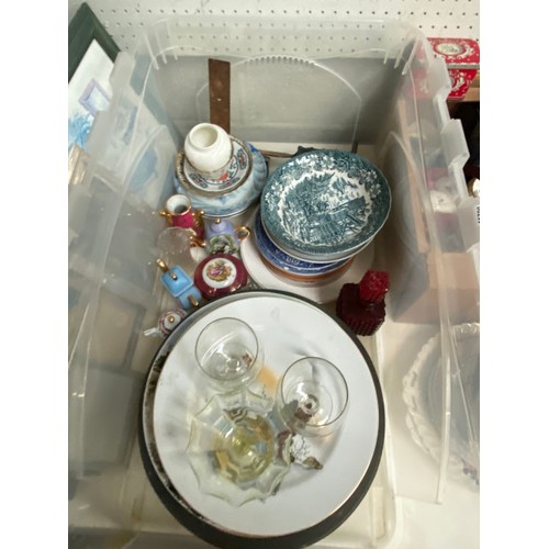 354 - Boxes of collectables including brass kettle & trivet, steel jam pan, copper jug, Royal Crown Derby ... 