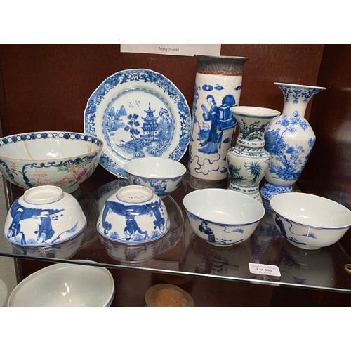 362 - 2 shelves of oriental ceramics inc. Japanese vase, blue & white Chinese plates etc. (some pieces rep... 