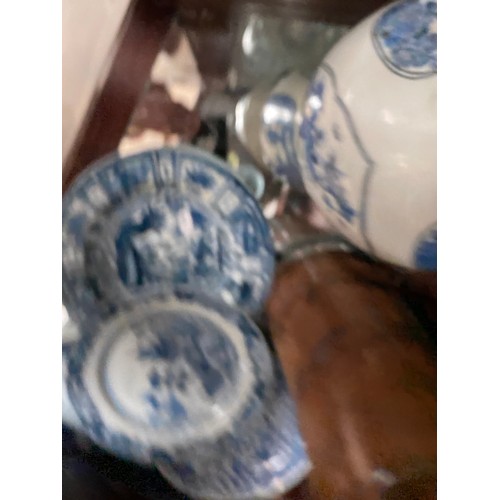 362 - 2 shelves of oriental ceramics inc. Japanese vase, blue & white Chinese plates etc. (some pieces rep... 