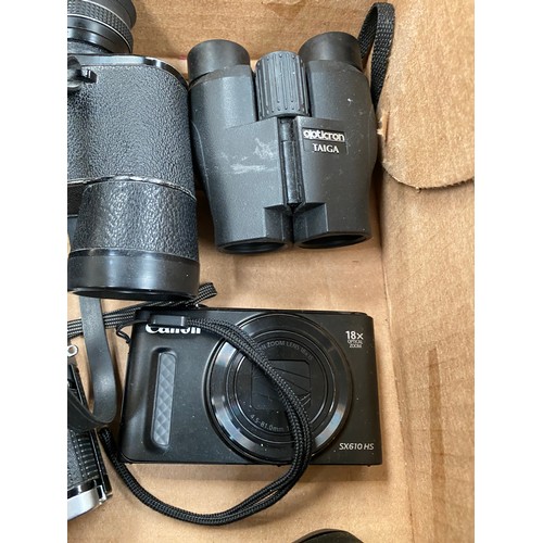 438 - Canon A-1 camera with case & manual, Olympus Trip 35 camera, Canon Powershot SX610HS camera & 2 pair... 