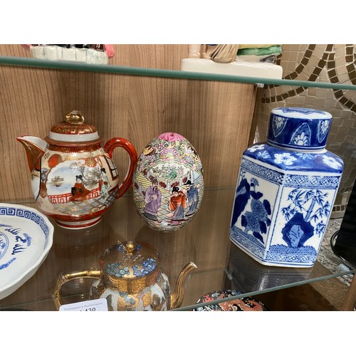 430 - 9 pieces of oriental ceramics & tin inc. teapots, satsuma vase etc.