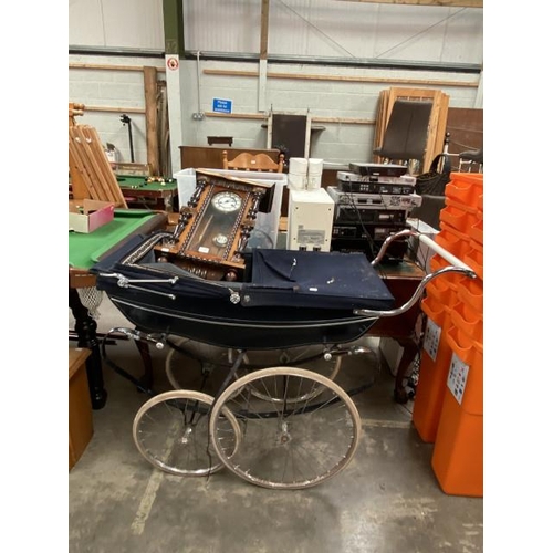 105 - Vintage Wilson carriage pram and an oak cased clock (as found)