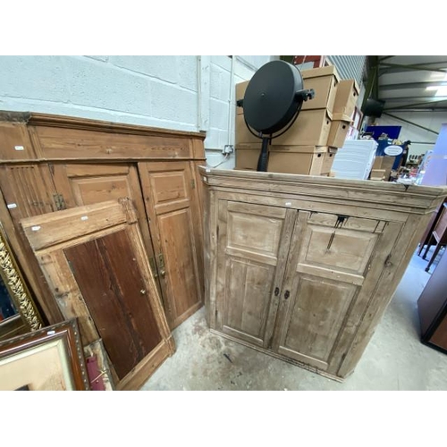 113 - Victorian pine corner cupboard 158H 23W 70D, Victorian pine doors 160H 120W etc (as found)