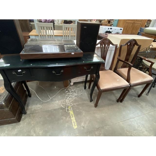 118 - Black painted console table 80H 110W 40D and 2 mahogany wheatsheaf dining chairs