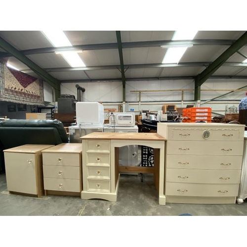 128 - Painted pine dressing table 77H 100W 45D, cream 5 drawer chest 93H 83W 32D etc