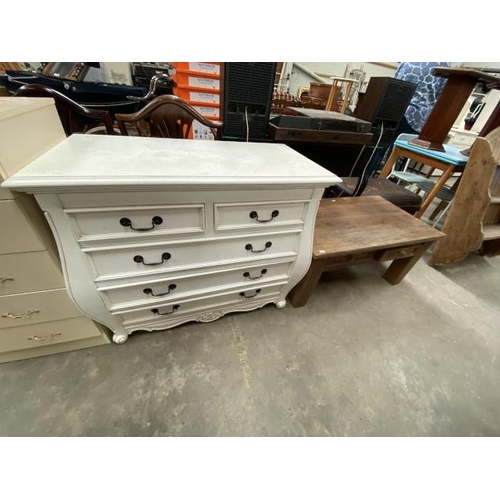 129 - White painted Bombe chest 80H 84W 46D and a pine coffee table 45H 95W 55D