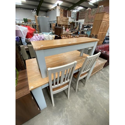 140 - Pine kitchen table 75H 150W 80D with 2 matching chairs and a bench