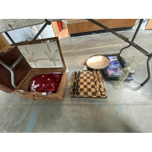 453 - Wicker picnic basket, carved wooden chess set, metal jewellery stand, 2 mirrors etc.