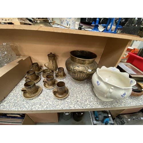 457 - Persian brass planter, 14 piece St Ives studio pottery coffee set etc.