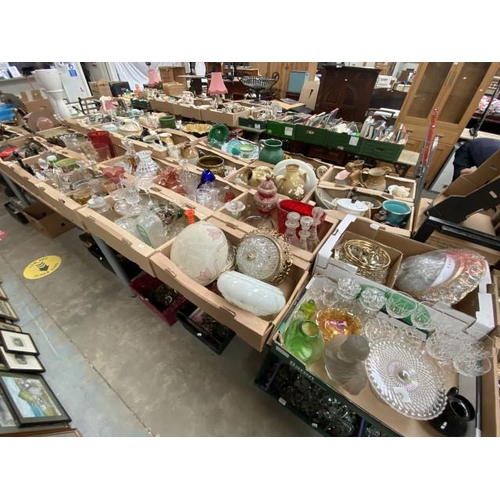 520 - 10 boxes of assorted glassware incl. cut glass, art glass, decanters, vases, ceiling lights, fruit b... 