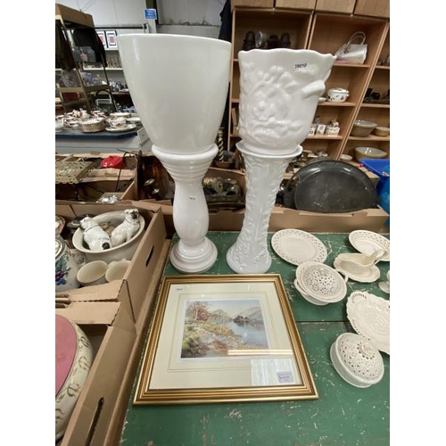 523 - White Scheurich jardiniere (62cm h) and one other (61cmh) and a print of Grassmere by Judy Boyes