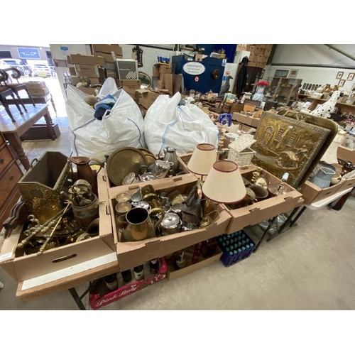 531 - 5 boxes of brass, copper, pewter, silver etc, incl kettle, firescreens, tea set, lamp etc