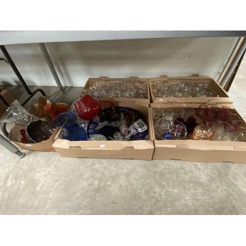 550 - 5 boxes of glassware incl, wine and sherry glasses, cut glass, art glass, vases etc