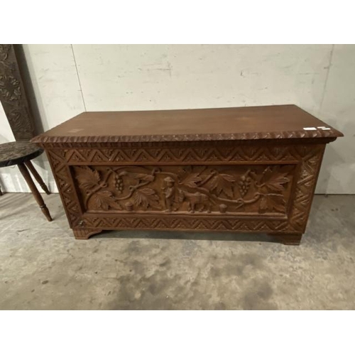 65 - Teak carved trunk/blanket box 55H 113W 47D