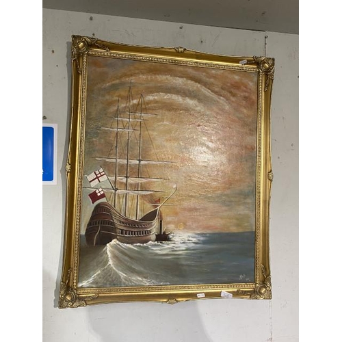 69 - Gilt framed oil on canvas of a sailing ship signed to bottom right 85 x 69cm