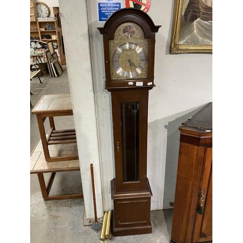 71 - Mahogany cased Metamec granddaughter clock with pendulum and weights 162H 28W 18D