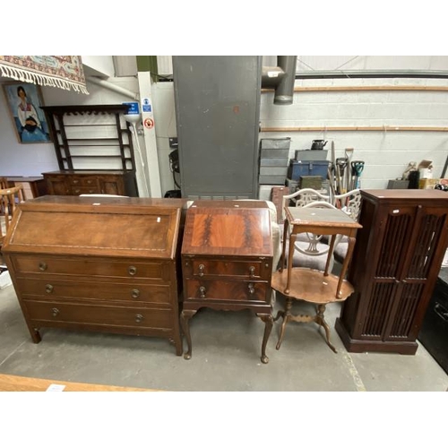 75 - Teak 2 door CD cupboard 106W 45W 22D, mahogany bureau 96H 51W 43D,  Edwardian mahogany bureau 97H 10... 