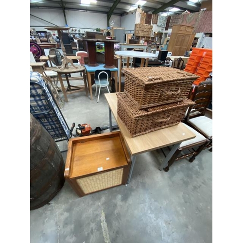 91 - 2 wicker picnic baskets, pine linen box 55H 53W 36D, occasional table 50H 40cm diameter and an offic... 