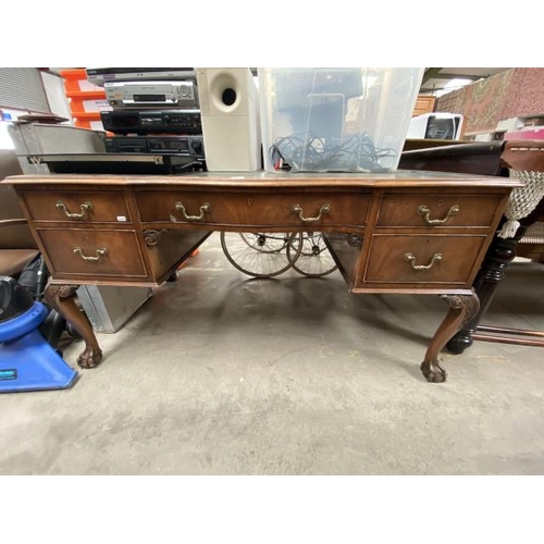 96 - Victorian mahogany kneehole desk with a leather inset top and ball and claw feet 75H 150W 83D