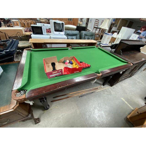 97 - Mahogany framed snooker table with 3 cues, 1 rest, triangle, chalk, balls (incomplete set) etc 85H 1... 