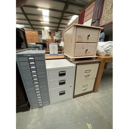 99 - Beech bedside chest 50H 50W 47D, Bisley 15 drawer filing cabinet 86H 28W 38D, metal 3 drawer filing ... 