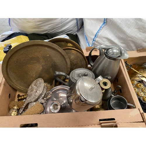 531 - 5 boxes of brass, copper, pewter, silver etc, incl kettle, firescreens, tea set, lamp etc