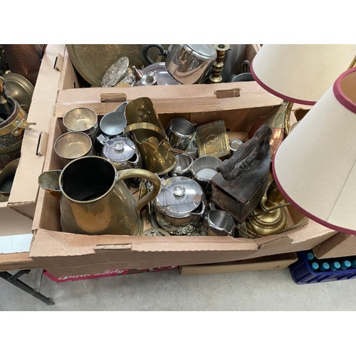 531 - 5 boxes of brass, copper, pewter, silver etc, incl kettle, firescreens, tea set, lamp etc