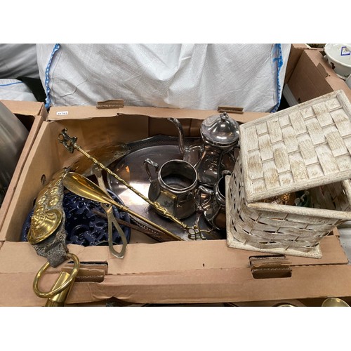 531 - 5 boxes of brass, copper, pewter, silver etc, incl kettle, firescreens, tea set, lamp etc