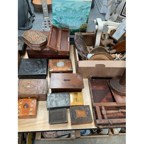 535 - Quantity of treen incl. trinket boxes, money box, candle holders, bowls, trays, lamp etc