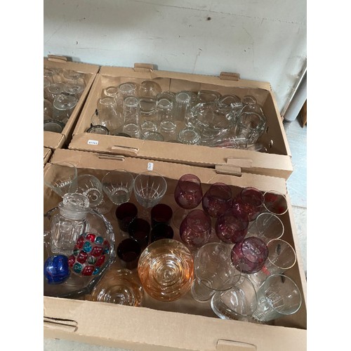 550 - 5 boxes of glassware incl, wine and sherry glasses, cut glass, art glass, vases etc