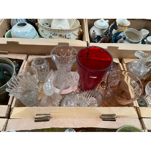 520 - 10 boxes of assorted glassware incl. cut glass, art glass, decanters, vases, ceiling lights, fruit b... 