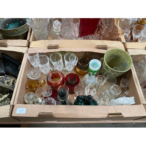 520 - 10 boxes of assorted glassware incl. cut glass, art glass, decanters, vases, ceiling lights, fruit b... 