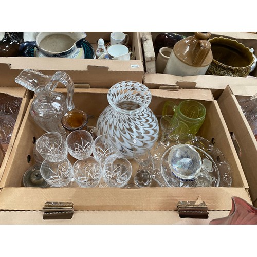 520 - 10 boxes of assorted glassware incl. cut glass, art glass, decanters, vases, ceiling lights, fruit b... 