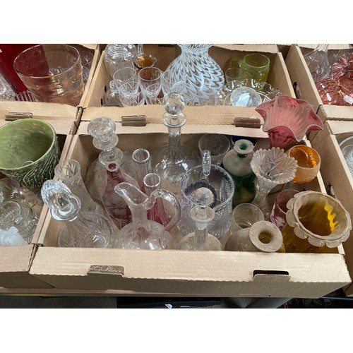 520 - 10 boxes of assorted glassware incl. cut glass, art glass, decanters, vases, ceiling lights, fruit b... 