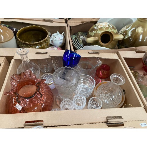 520 - 10 boxes of assorted glassware incl. cut glass, art glass, decanters, vases, ceiling lights, fruit b... 