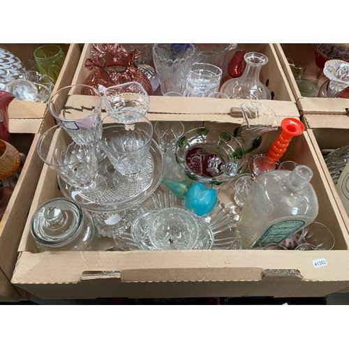 520 - 10 boxes of assorted glassware incl. cut glass, art glass, decanters, vases, ceiling lights, fruit b... 