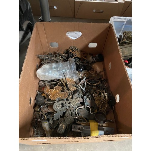 539 - 6 good boxes of metalware to include door furniture, locks, casters handles etc