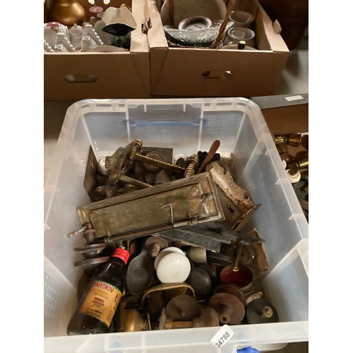 539 - 6 good boxes of metalware to include door furniture, locks, casters handles etc