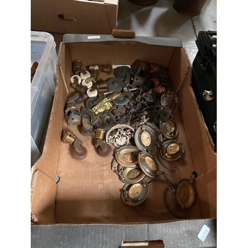 539 - 6 good boxes of metalware to include door furniture, locks, casters handles etc