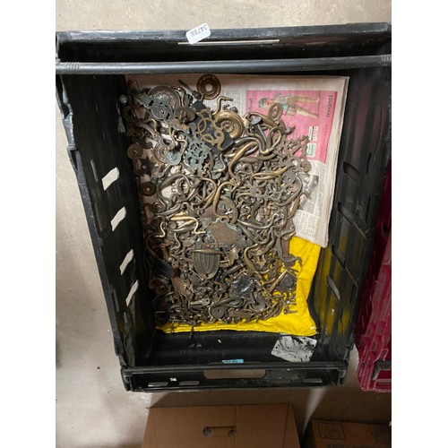 539 - 6 good boxes of metalware to include door furniture, locks, casters handles etc