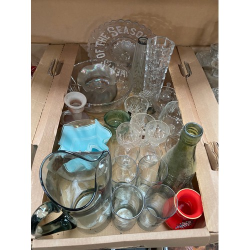 458 - 5 boxes of glassware inc. cranberry, Gleneagles crystal, Victorian, various decanter stoppers etc.