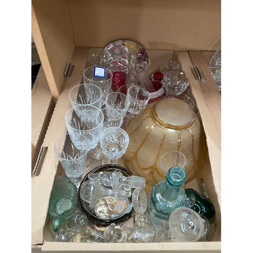 458 - 5 boxes of glassware inc. cranberry, Gleneagles crystal, Victorian, various decanter stoppers etc.