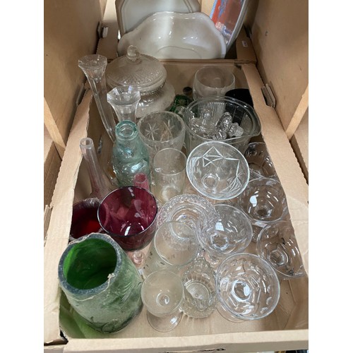 458 - 5 boxes of glassware inc. cranberry, Gleneagles crystal, Victorian, various decanter stoppers etc.