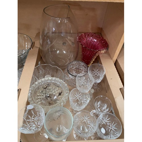 458 - 5 boxes of glassware inc. cranberry, Gleneagles crystal, Victorian, various decanter stoppers etc.