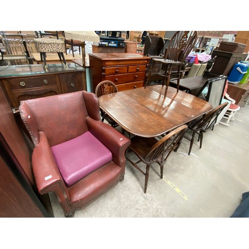 133 - Edwardian faux leather upholstered lounge chair 80W and an oak barley twist drop leaf table 75H 106W... 